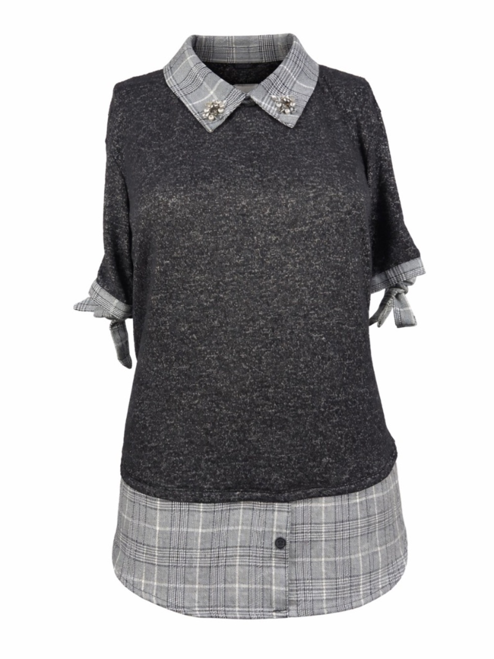 Misia Layered Knit Top Plaid Hem Embellished Collar Size S
